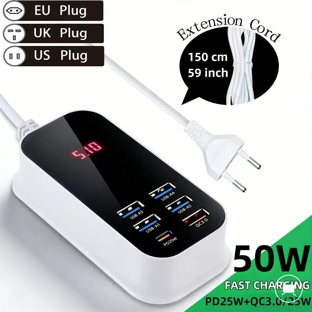 50W 6-port USB-C PD and QC3.0 charger with extension cord.