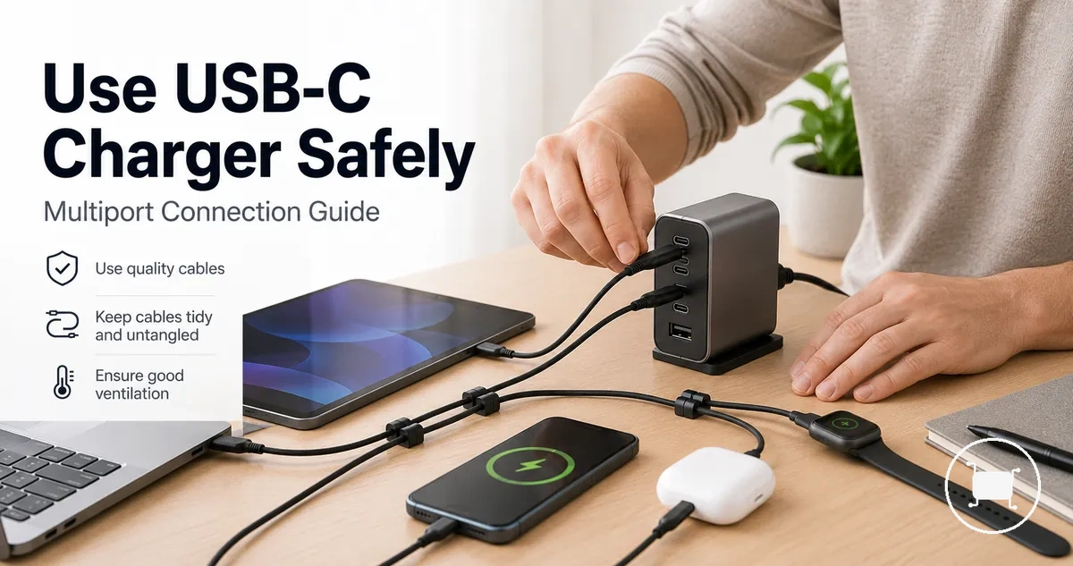 Person safely connecting devices to a multiport USB-C charger.