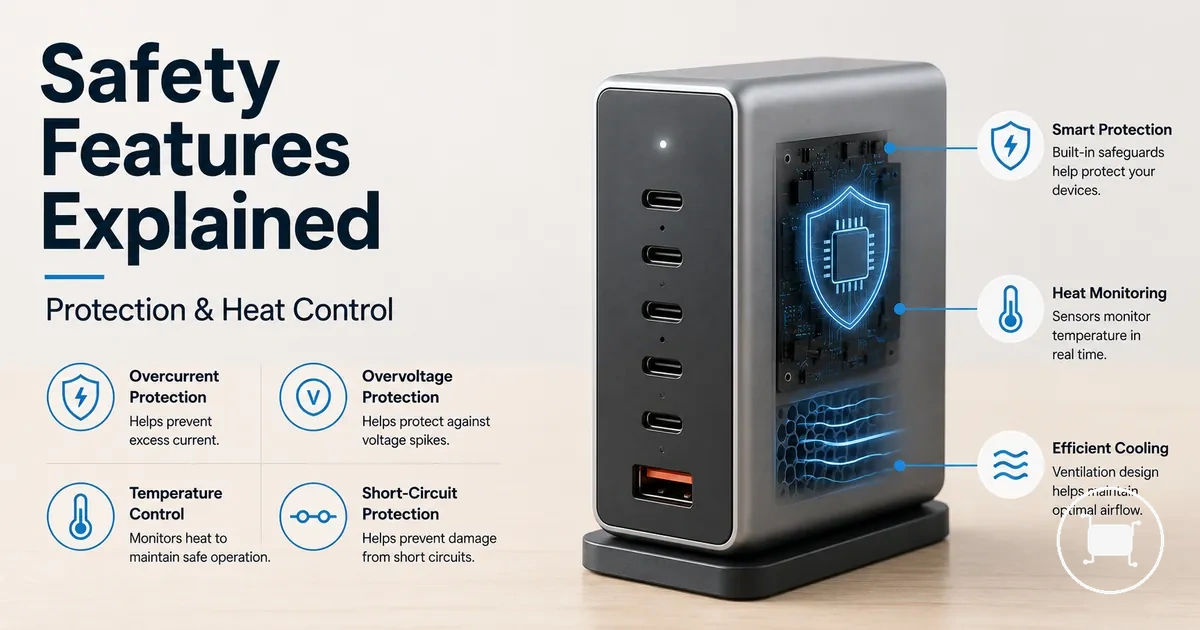 Multiport USB-C charger with visible safety protection and heat-control details.
