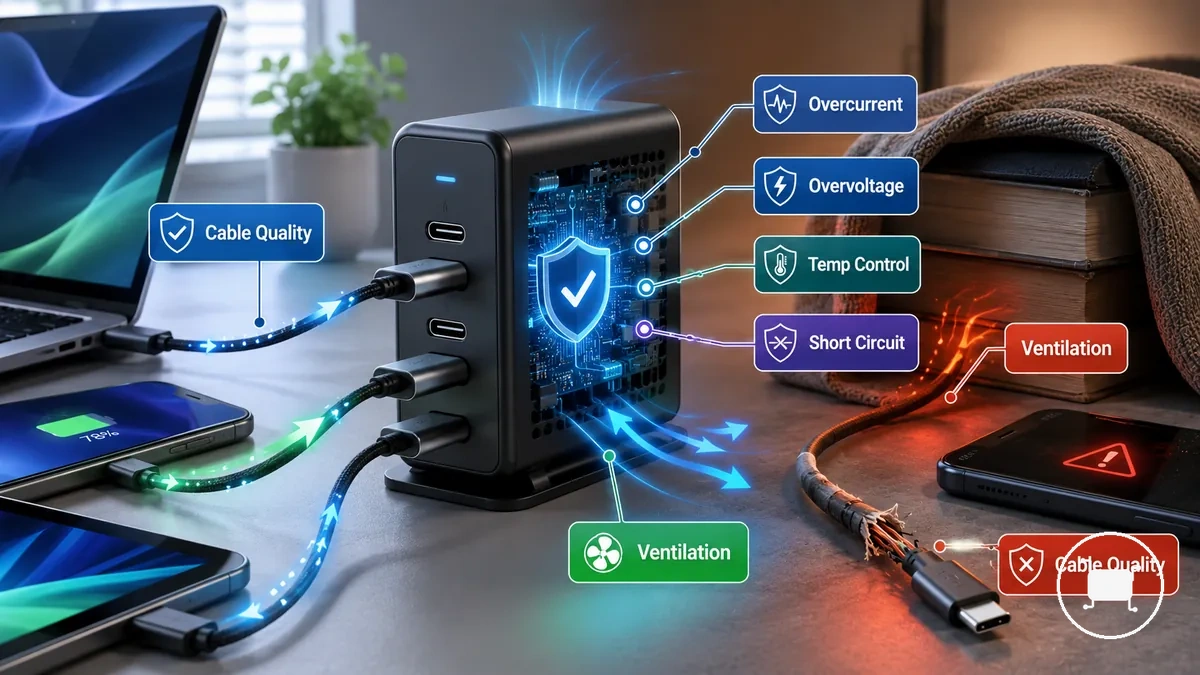 Multiport USB-C charger operating with built-in protections and proper charging conditions