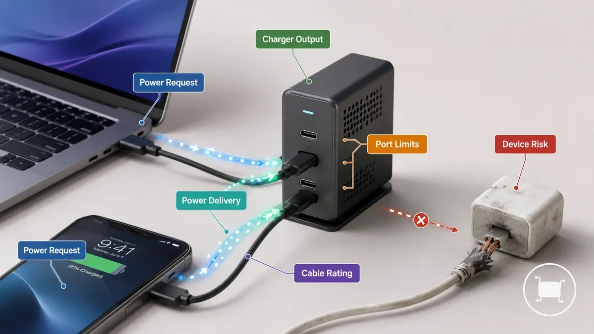 USB-C charger and device exchanging power information through a compatible cable