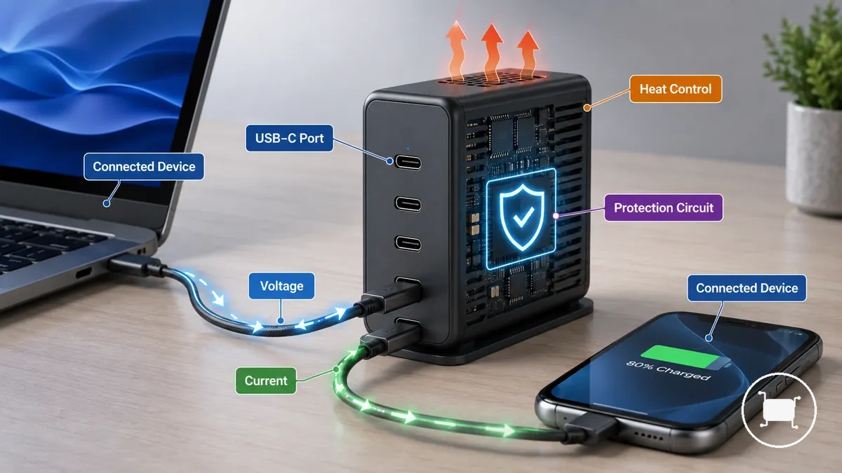Diagram showing how safety features protect a multiport USB-C charger and connected devices