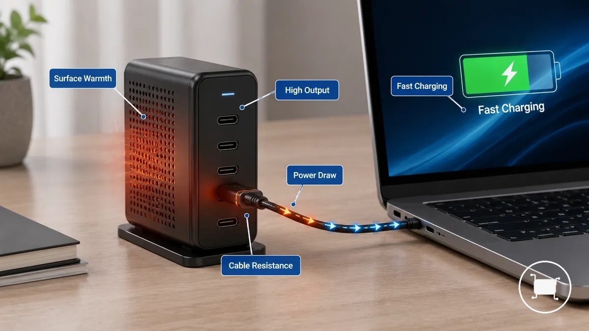 Multiport USB-C charger warm during fast charging with high output load