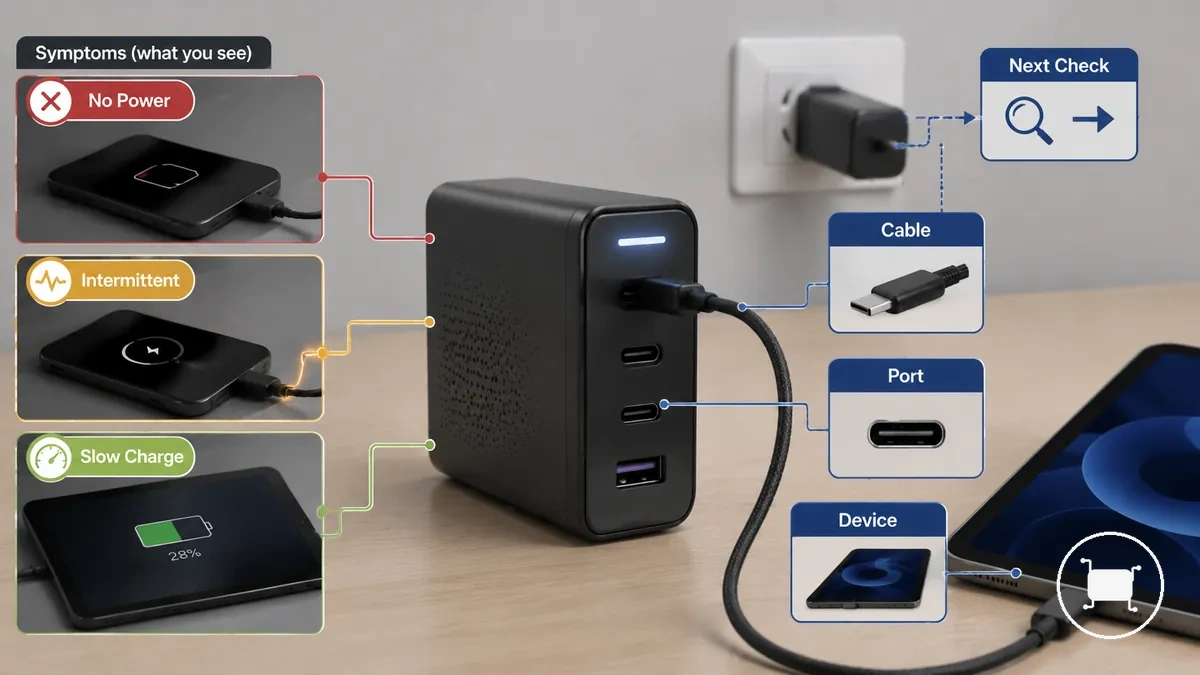 Charger, cable, port, and device symptoms used to narrow charging problems