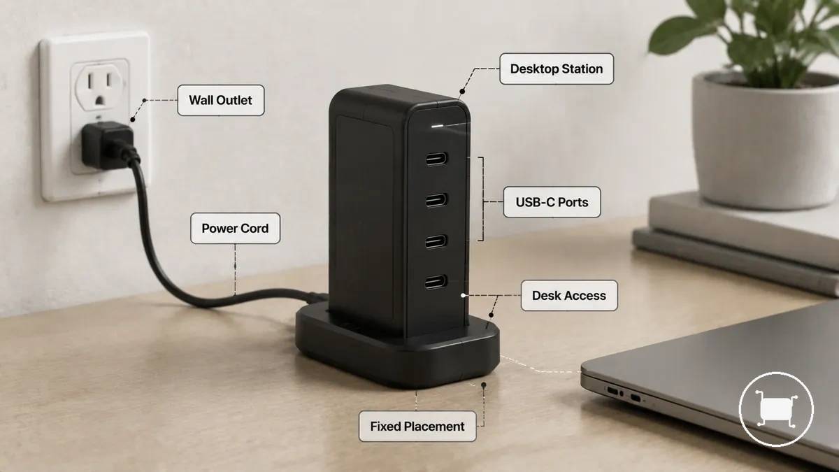 Desktop USB-C charging station showing corded desk placement and visible USB-C ports