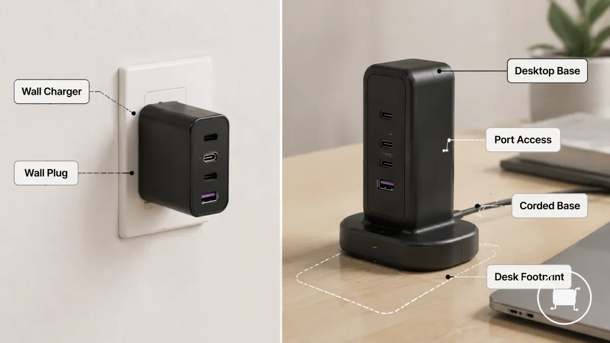 Wall and desktop USB-C charger form factors showing outlet and desk placement