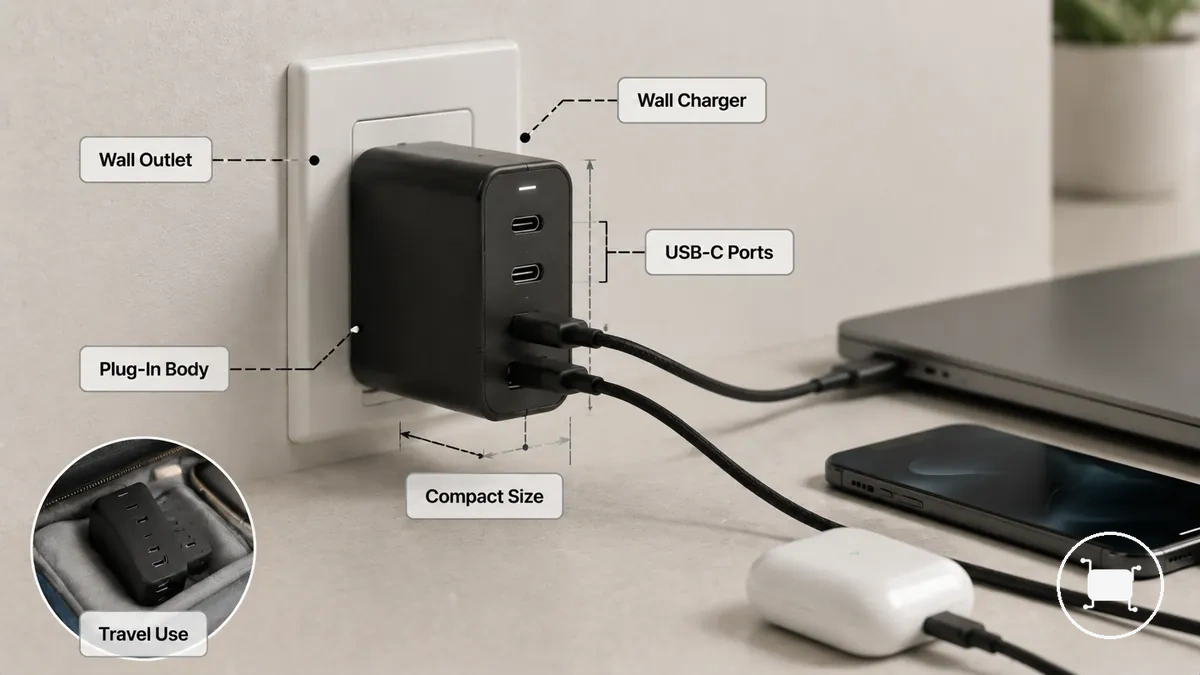 Wall multiport USB-C charger showing plug-in body and visible USB-C ports