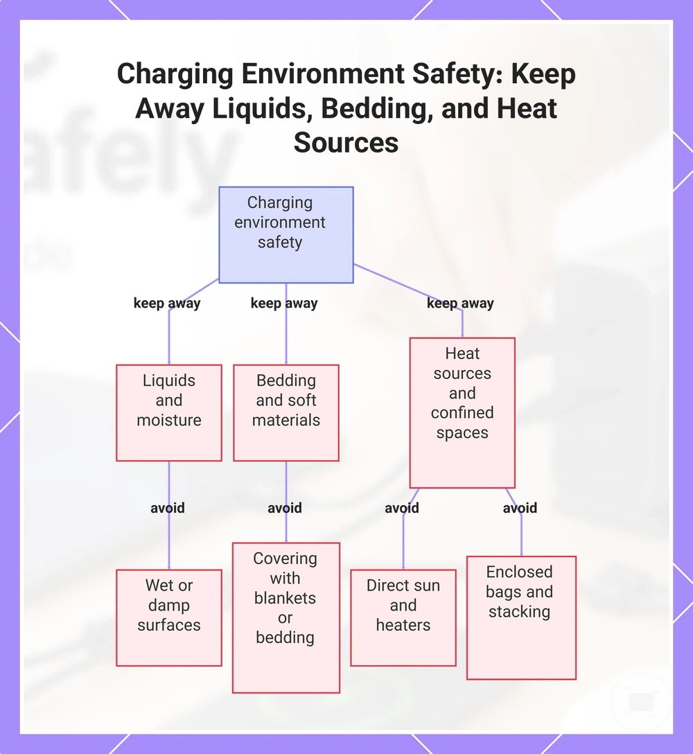 Charging Environment Safety: Keep Away Liquids, Bedding, and Heat Sources