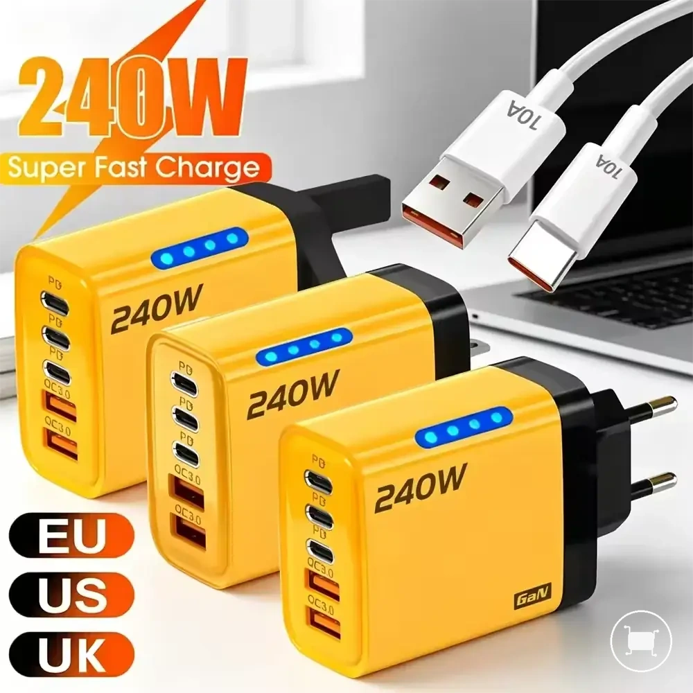 Cargador USB-C PD y QC3.0 de 5 puertos para carga simultánea de dispositivos.