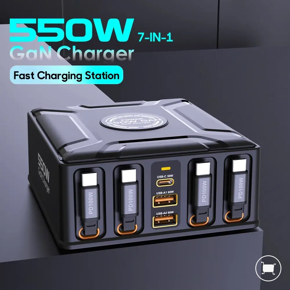Estación de carga GaN 7 en 1 550W con cable USB-C retráctil.