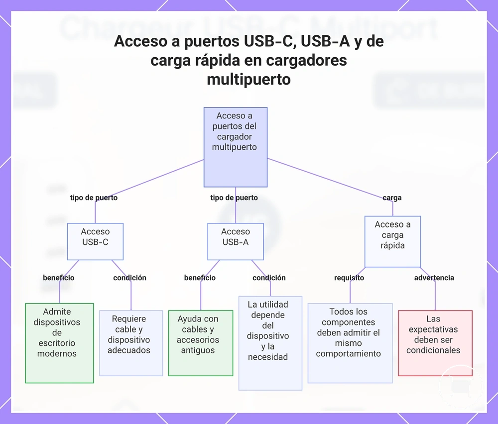 Acceso a puertos USB-C, USB-A y de carga rápida en cargadores multipuerto