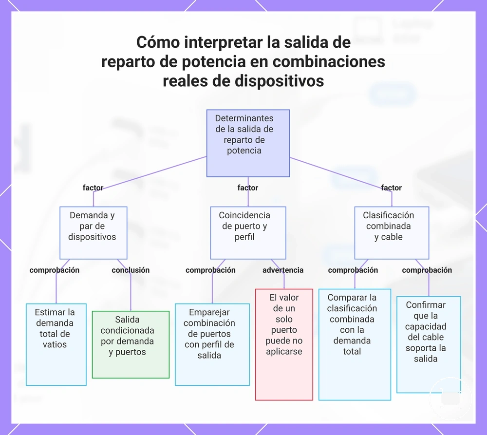 Cómo interpretar la salida de reparto de potencia en combinaciones reales de dispositivos