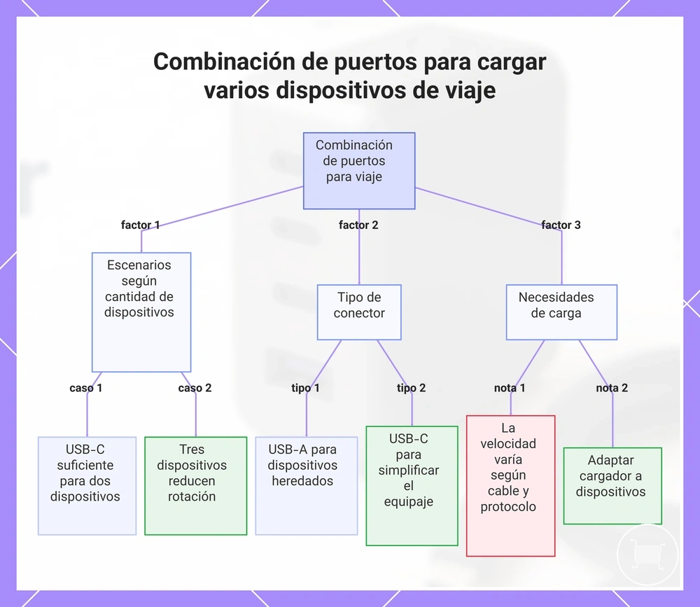 Combinación de puertos para cargar varios dispositivos de viaje