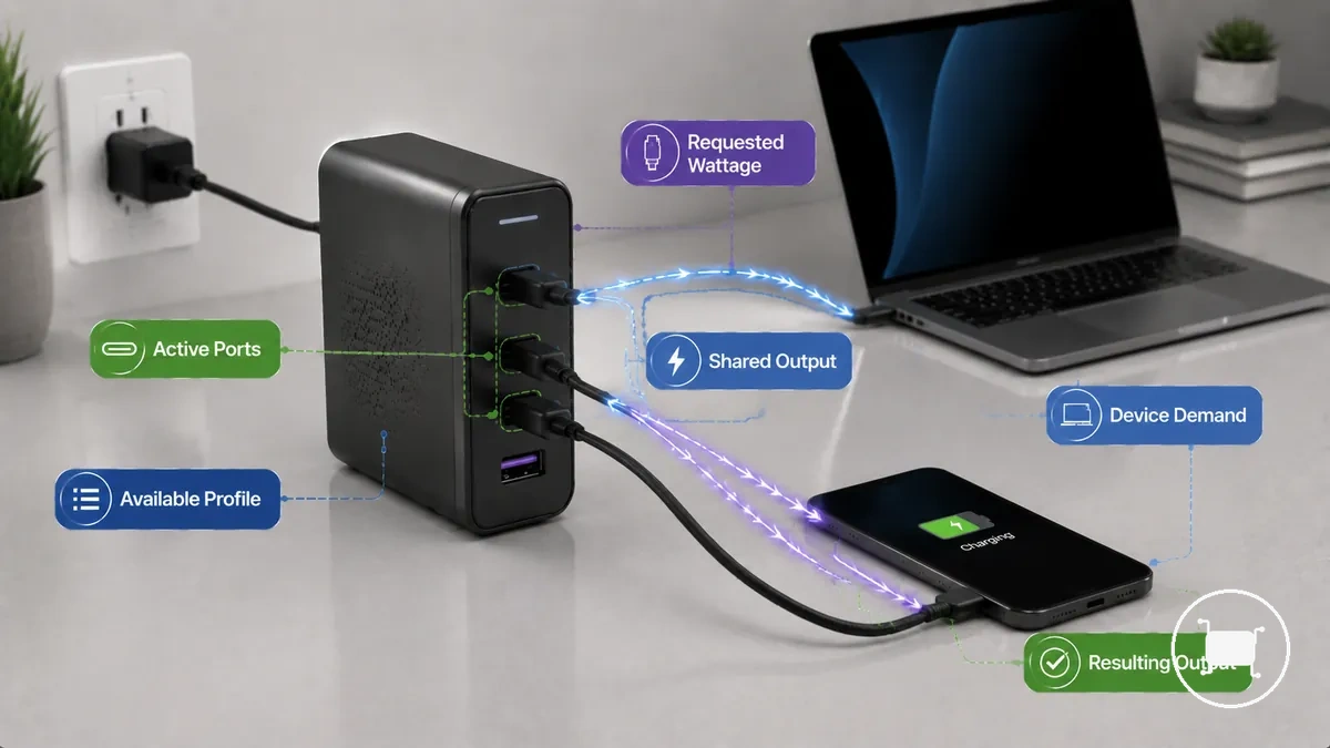 Ejemplo anotado de distribución de salida compartida entre puertos conectados de un cargador USB-C