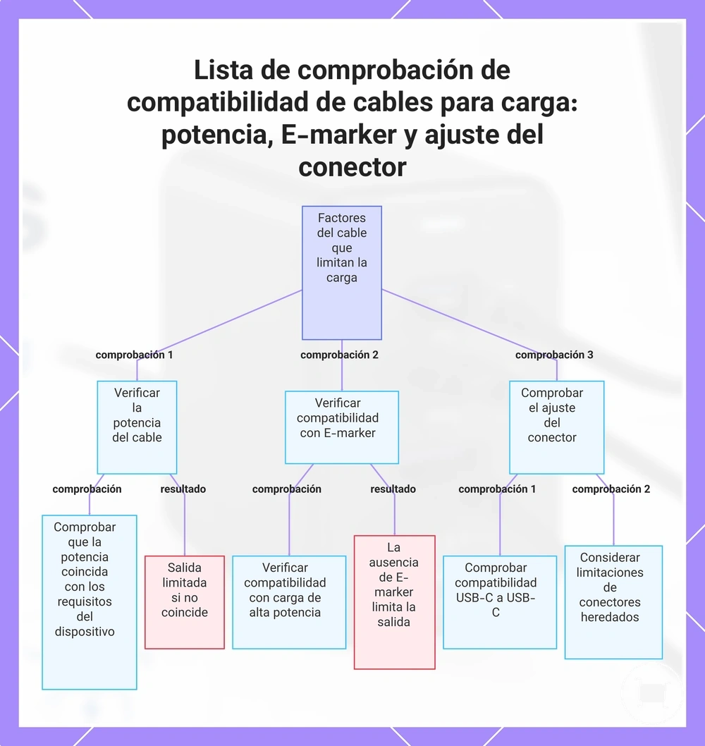 Lista de comprobación de compatibilidad de cables para carga: potencia, E-marker y ajuste del conector