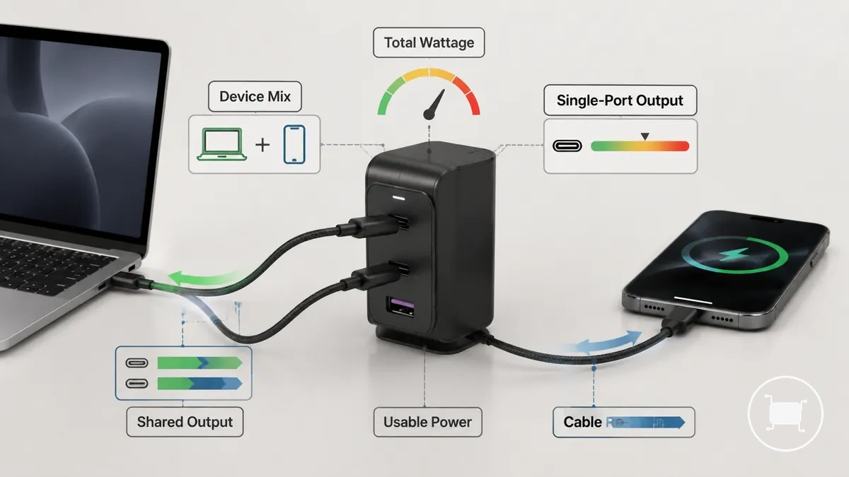 Diagrama de cargador multipuerto que muestra la demanda de un portátil y un teléfono frente a la salida utilizable