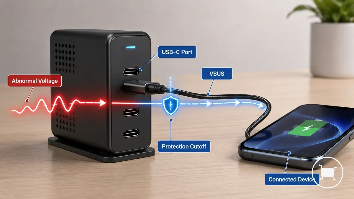 Ejemplo anotado de protección contra sobretensión en un puerto de cargador USB-C