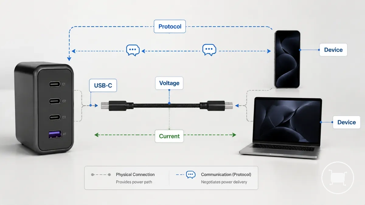 Diagrama que muestra cómo un protocolo de carga coordina un cargador y un dispositivo