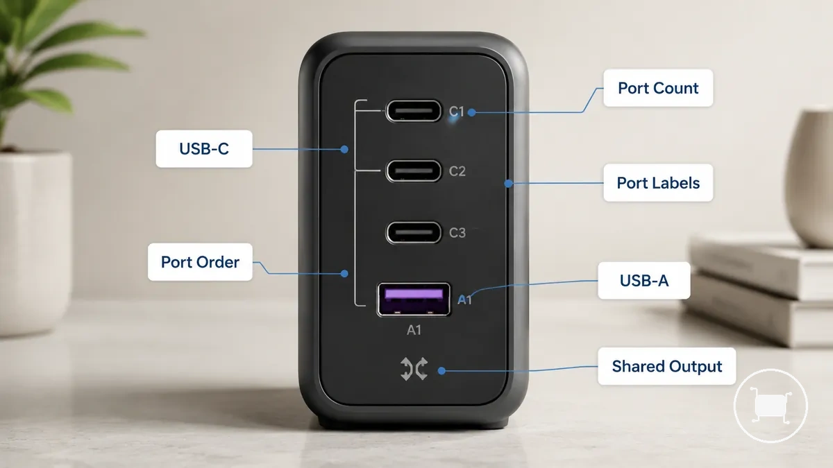 Disposición de los puertos de carga en un cargador USB-C multipuerto