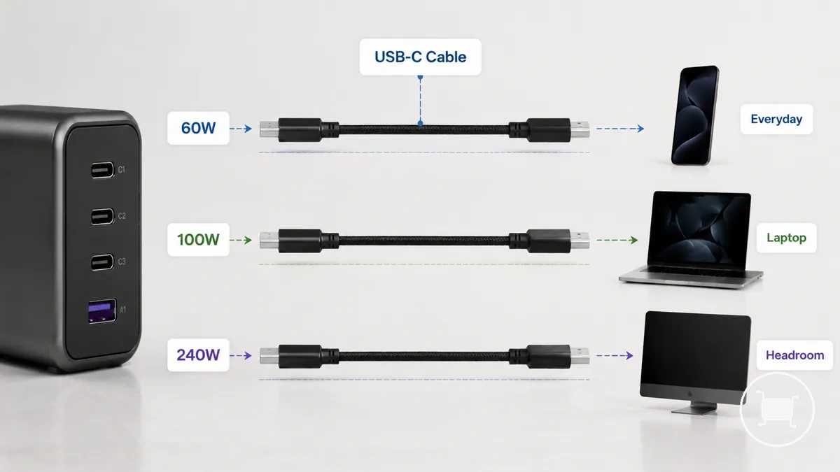 Rangos de carga de cable USB-C que muestran las diferencias entre clasificaciones de 60W, 100W y 240W