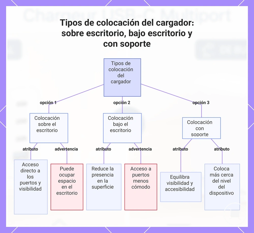 Tipos de colocación del cargador: sobre escritorio, bajo escritorio y con soporte