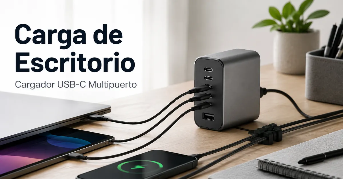 Escritorio con un cargador USB-C multipuerto y cables organizados.