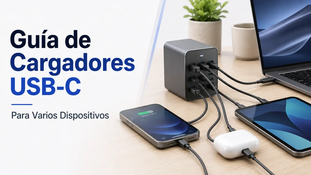 Cargador USB-C multipuerto con varios dispositivos conectados para la carga diaria.