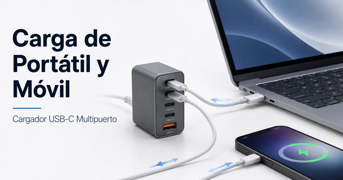 Portátil y móvil conectados al mismo cargador USB-C multipuerto.