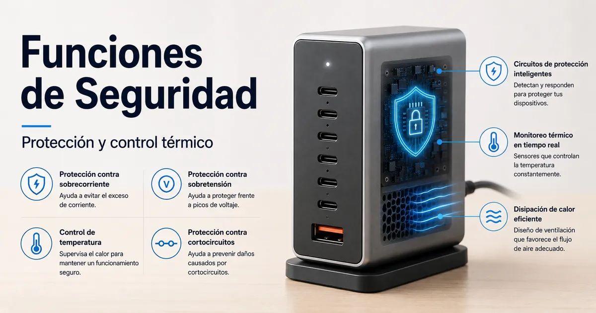Cargador USB-C multipuerto con detalles visibles de protección y control térmico.
