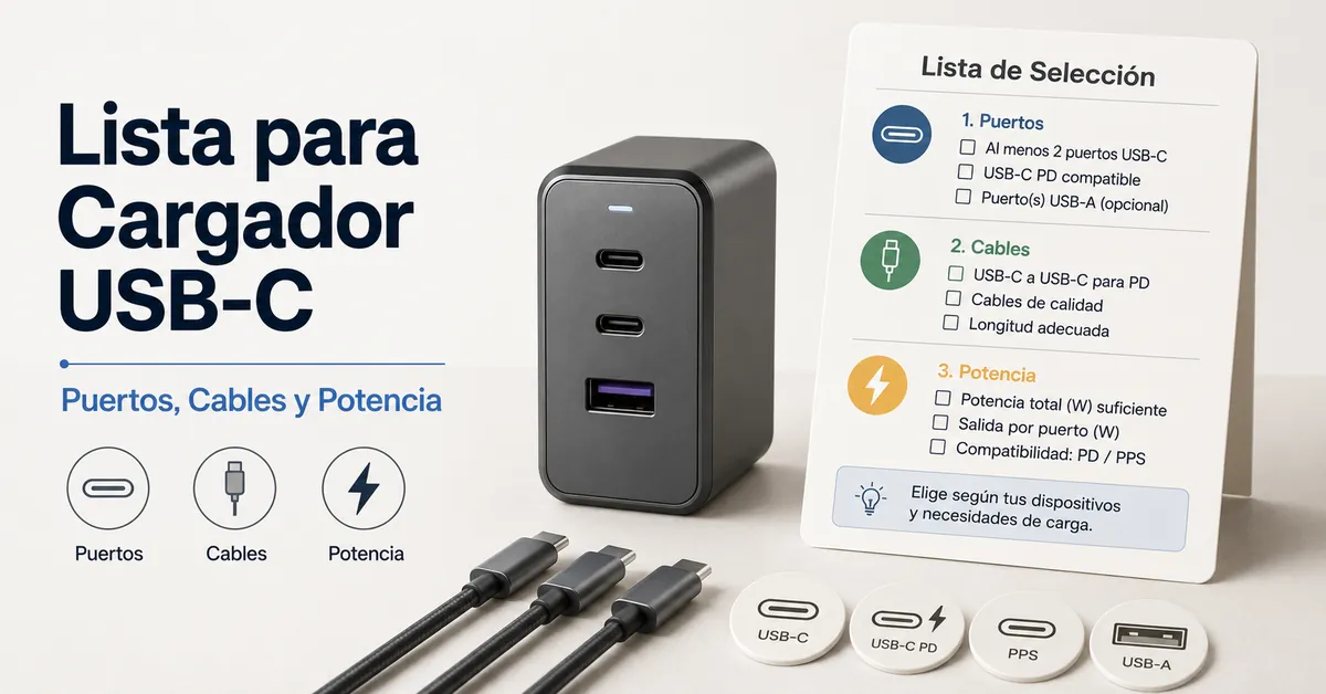Lista para elegir un cargador USB-C multipuerto según puertos, cables y potencia necesaria.