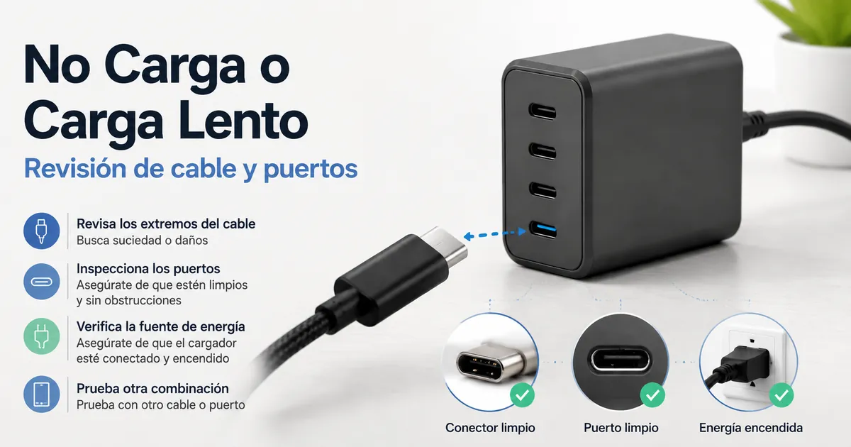 Escena de diagnóstico de un cargador USB-C multipuerto con revisión de cable y puertos.