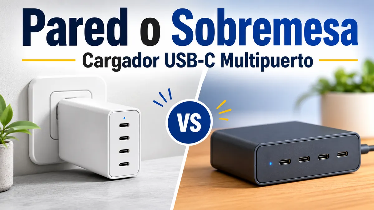 Cargadores USB-C multipuerto de pared y de sobremesa colocados uno junto al otro.