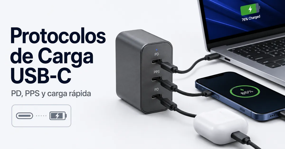 Cargador USB-C multipuerto con etiquetas de protocolos de carga rápida y dispositivos conectados.