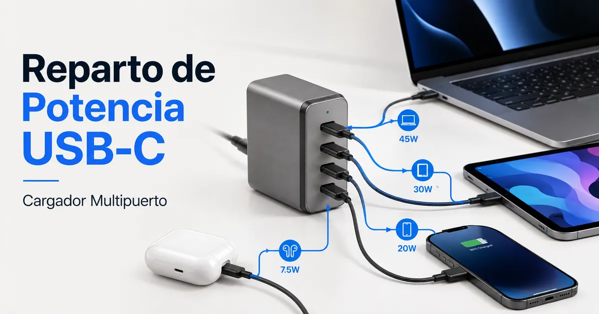 Cargador USB-C multipuerto alimentando varios dispositivos mediante sus puertos.
