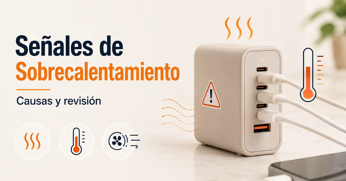 Cargador USB-C multipuerto caliente con señales para revisar un posible sobrecalentamiento.