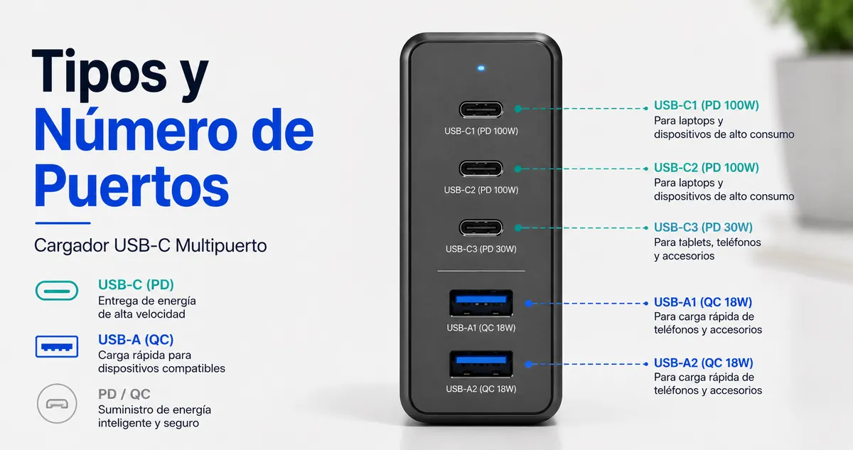 Vista frontal de un cargador USB-C multipuerto con puertos USB-C y USB-A.