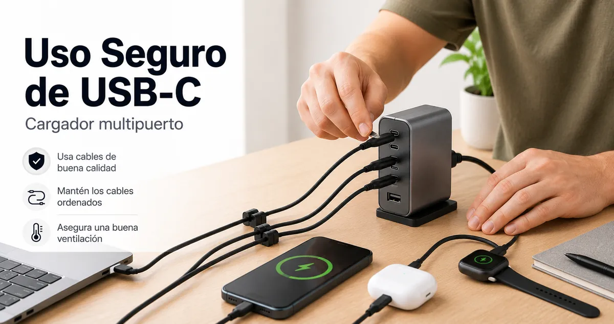 Persona conectando dispositivos a un cargador USB-C multipuerto de forma segura.