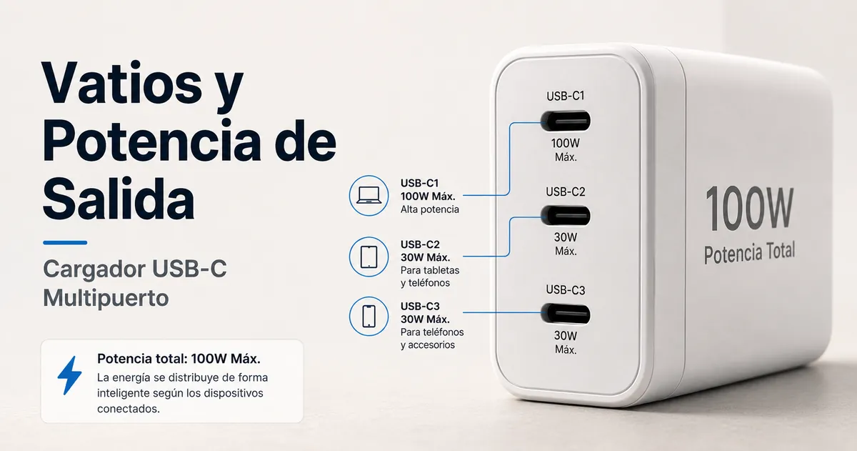 Primer plano de un cargador USB-C multipuerto con etiquetas de vatios y potencia de salida.