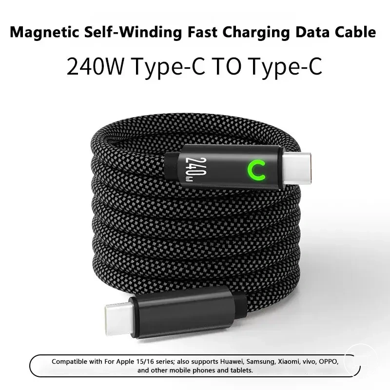 Câble de charge rapide magnétique double Type-C 240W avec rangement automatique.