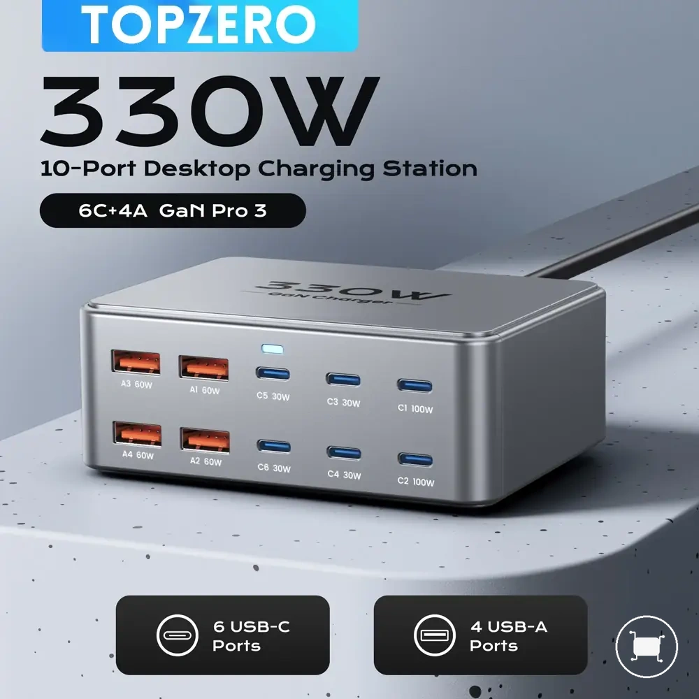 Station de charge USB-C GaN 330W avec prise en charge PD3.0, PPS et QC3.0.