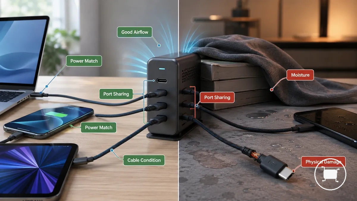 Chargeur USB-C multiport avec appareils connectés, câbles intacts et flux d'air dégagé autour de la zone de charge