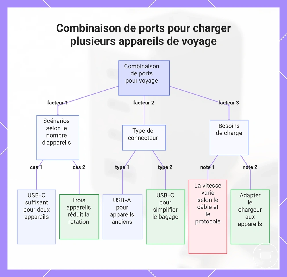 Combinaison de ports pour charger plusieurs appareils de voyage