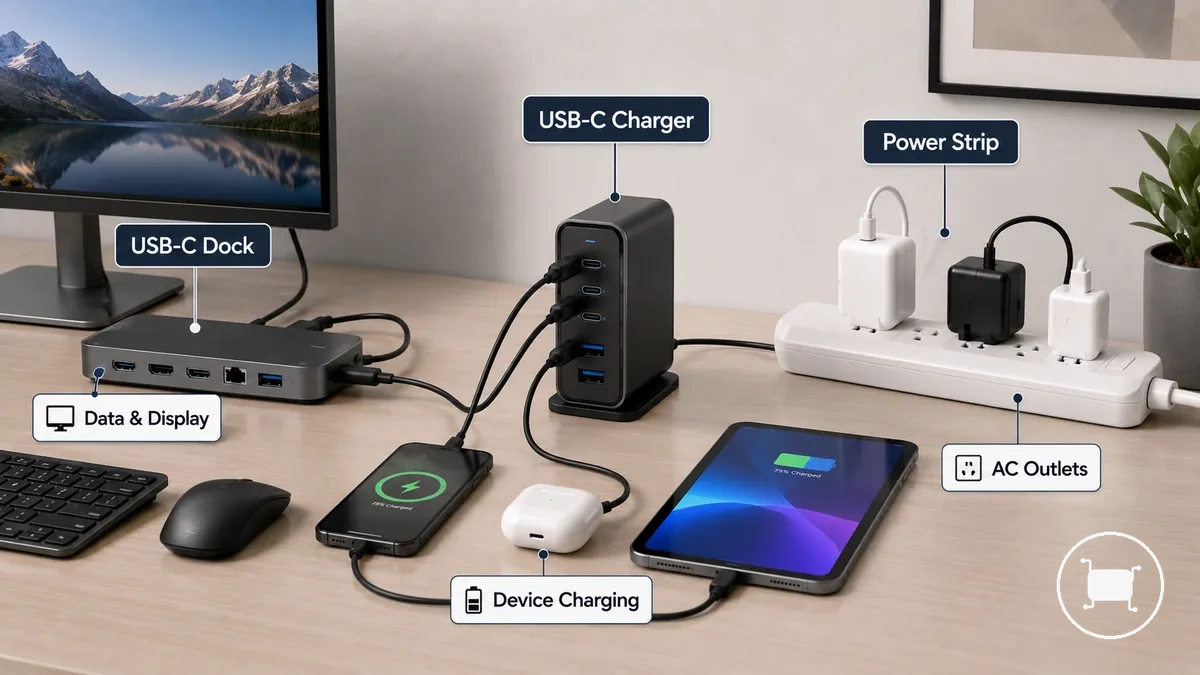 Comparaison d'un chargeur USB-C multiport, d'une station d'accueil USB-C et d'une multiprise sur un bureau