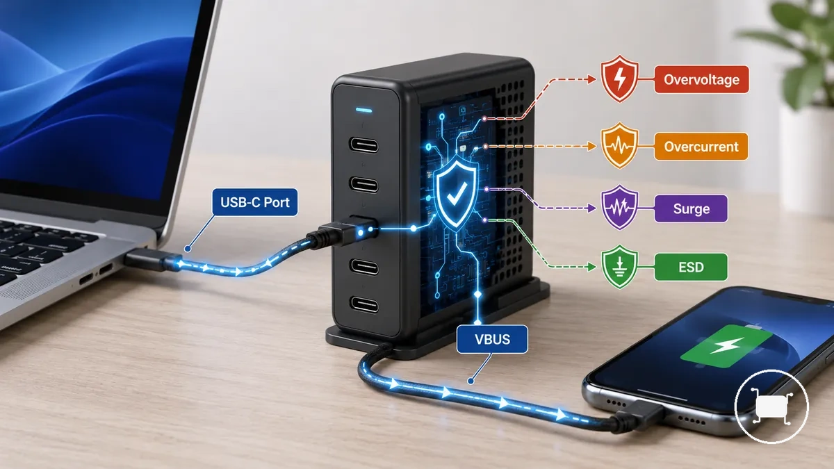 Diagramme annoté de la protection électrique contre les tensions et courants dangereux dans un chargeur USB-C
