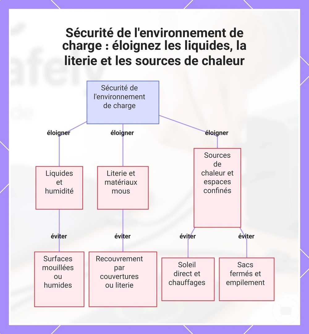 Sécurité de l'environnement de charge : éloignez les liquides, la literie et les sources de chaleur