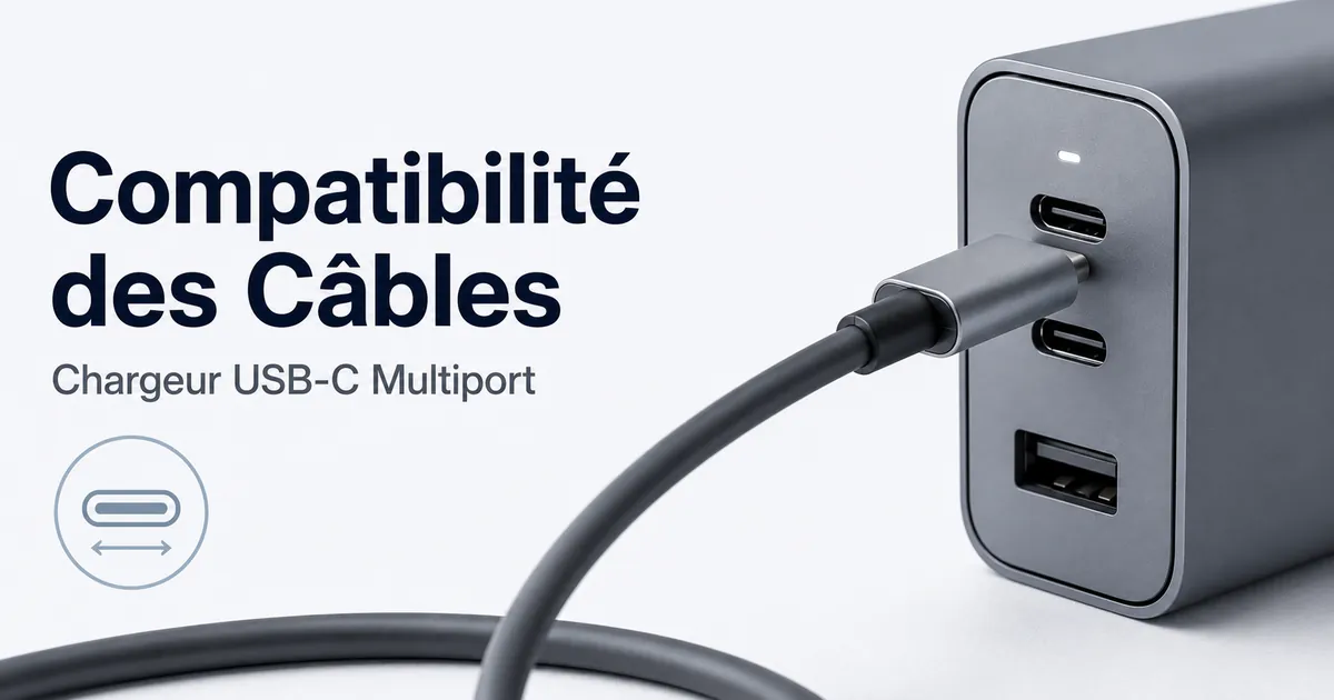 Câble de charge USB-C branché sur un chargeur USB-C multiport.