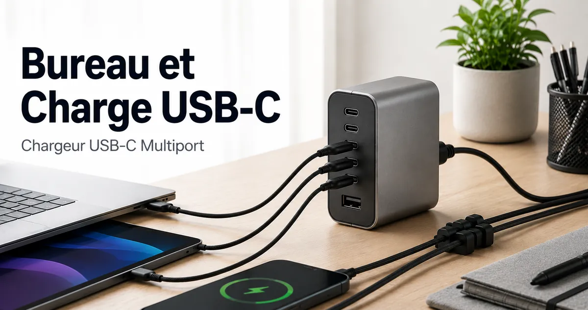 Bureau équipé d’un chargeur USB-C multiport avec des câbles organisés.