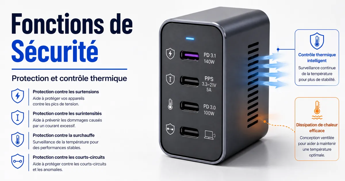 Chargeur USB-C multiport avec protections visibles et éléments de contrôle thermique.