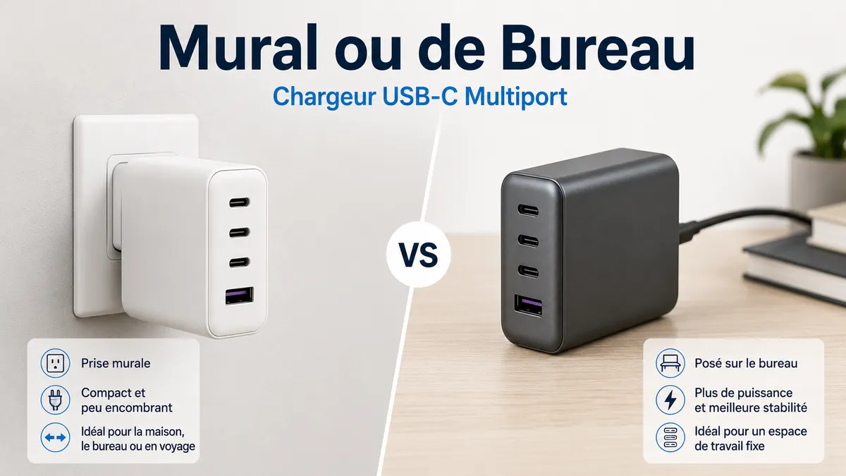 Chargeurs USB-C multiport mural et de bureau présentés côte à côte.
