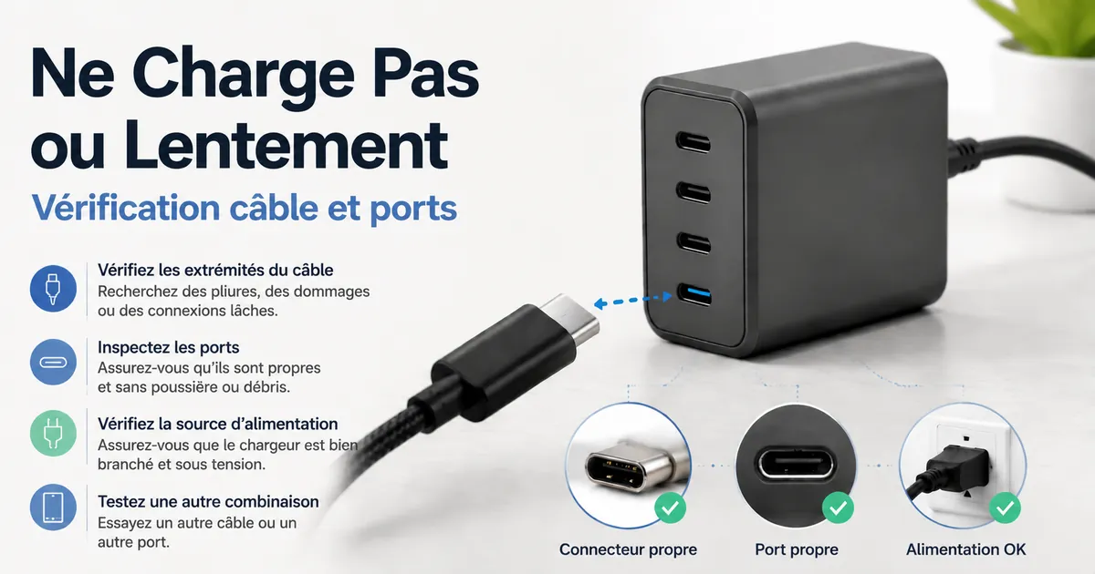 Scène de dépannage d’un chargeur USB-C multiport avec vérification du câble et des ports.